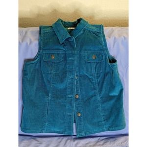 D & CO L Women's Vest Blue Corduroy Button Front Sleeveless